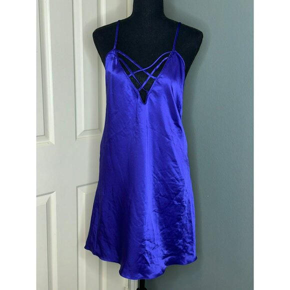 VTG Y2K Frederick's of Hollywood Cobalt Blue Stain Mini Dress Lingerie V-Neck St - Picture 1 of 10